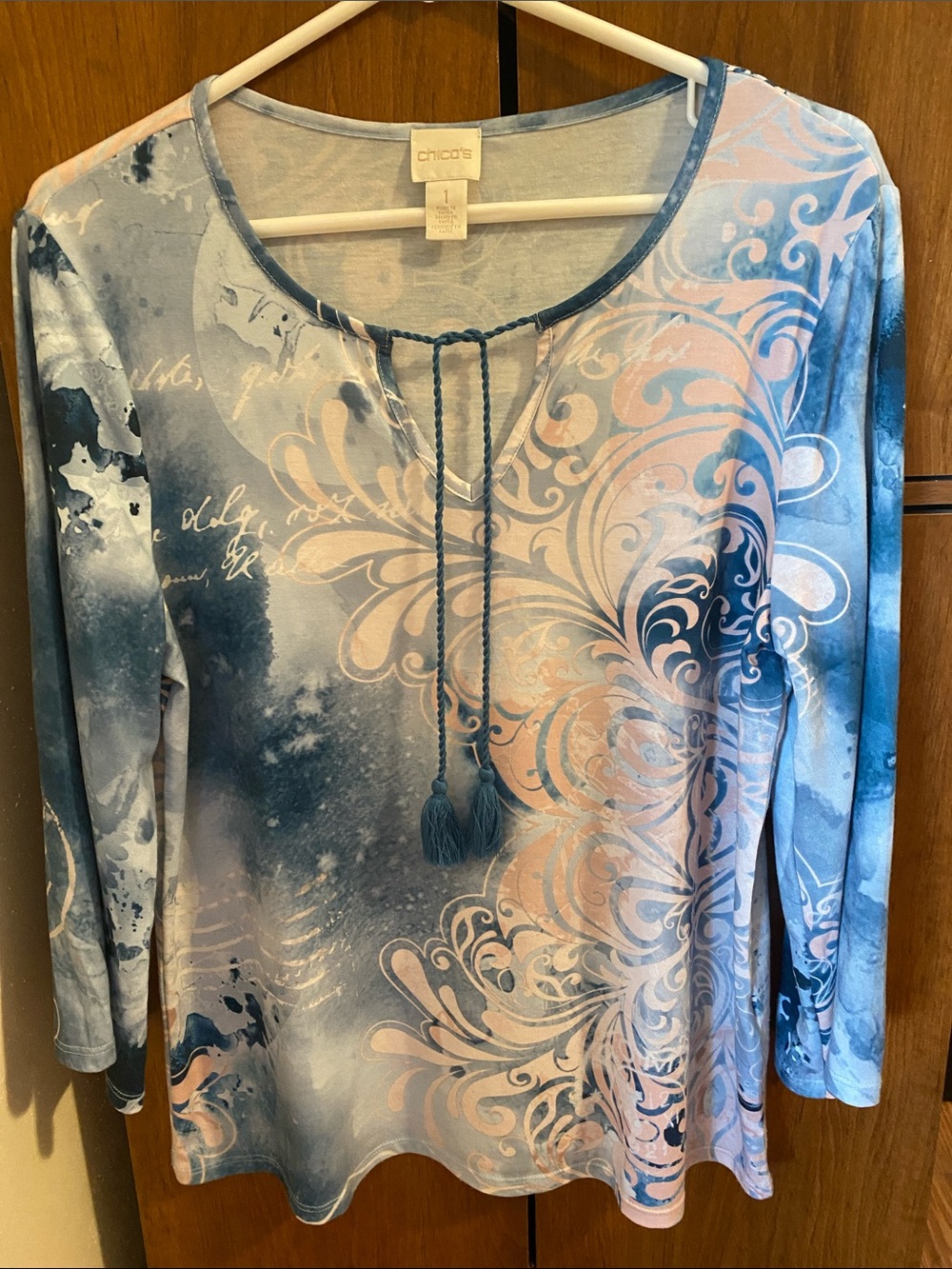 Chico's Sz. 1 Blue and Pink Scroll Tie-Neck 3/4 Sleeve Top Fairycore Whimsical